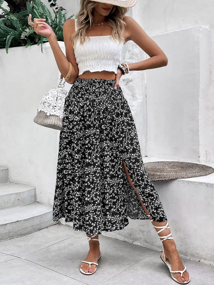 Dames midirok met bloemenprint en zijsplit - Amelia