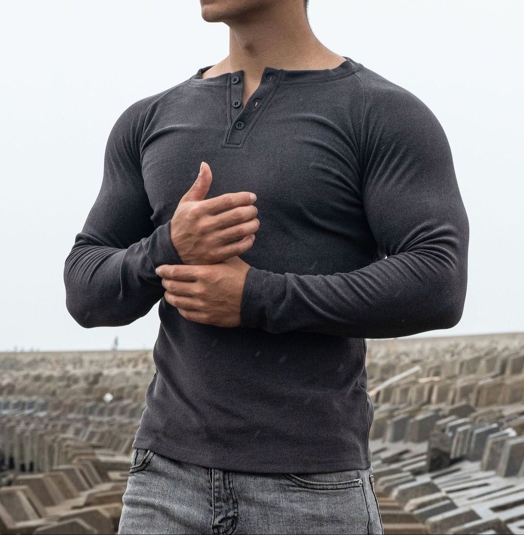 Heren-T-shirt met lange mouwen, slim fit met knopen - Dario