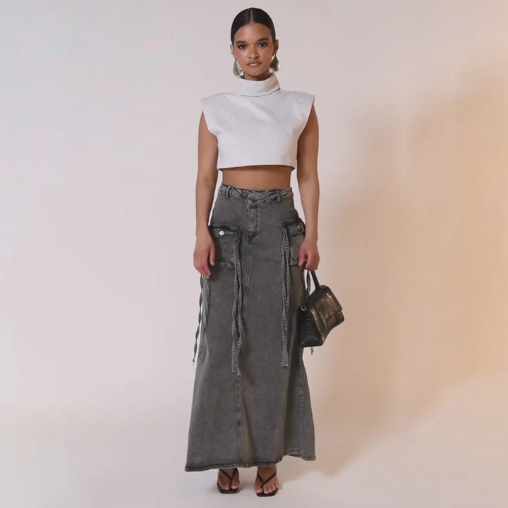 Dames denim lange rok met utility zakken recht model - Renata