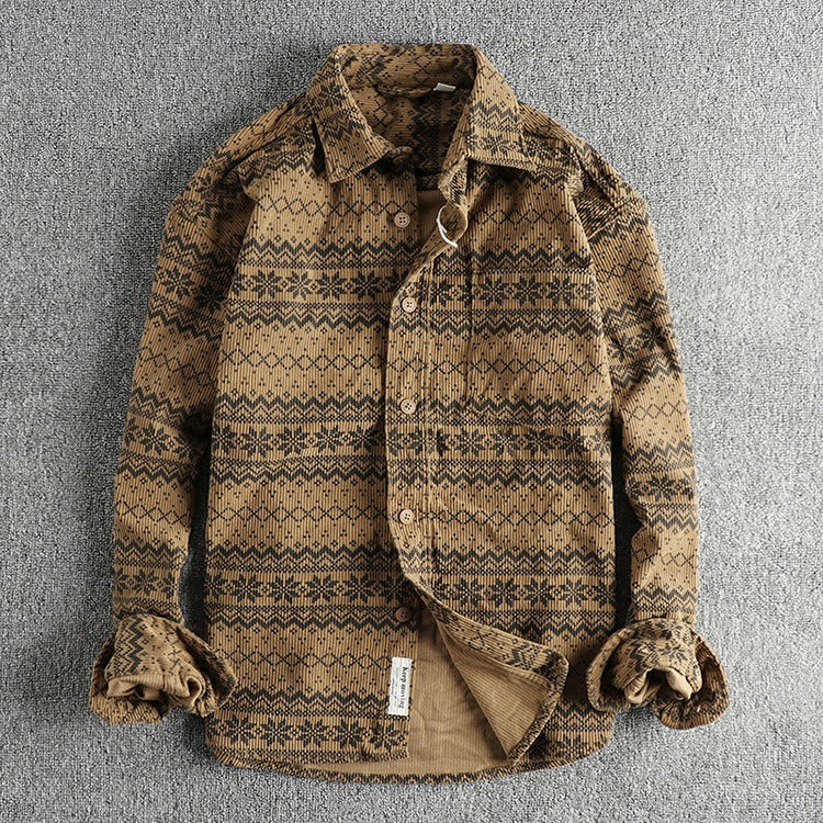 Herenhemd in corduroy met lange mouwen en etnische print - Mauro