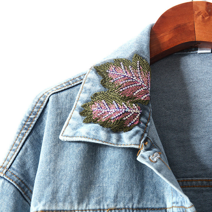 Julie - Denim Jack met Bloemenborduursel en Pailletten