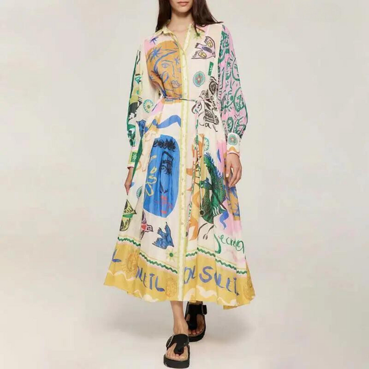 Matilda - Lange jurk met vintage print en polokraag voor dames
