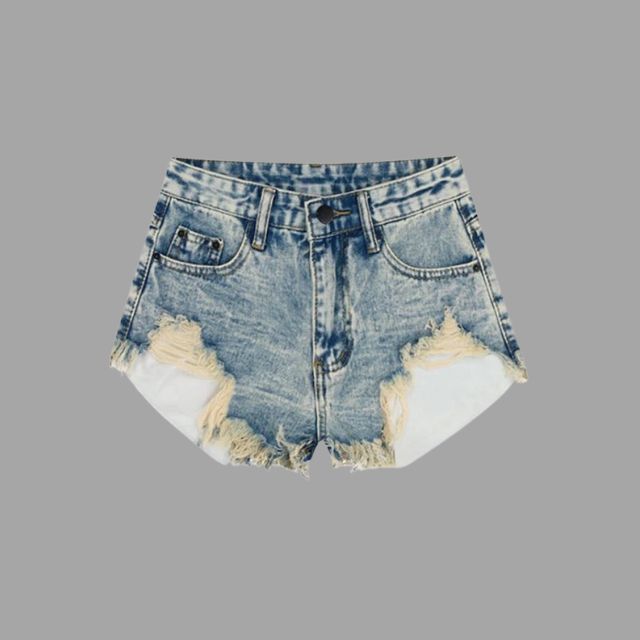 Lunaa - Verouderde denim shorts met franje detail