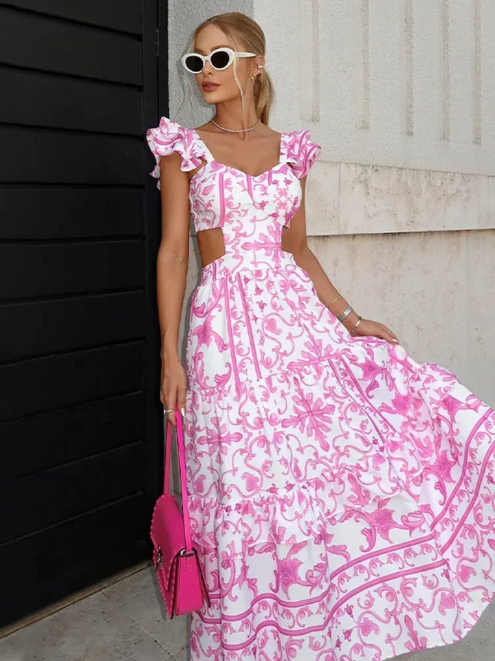 Sally - Lange roze jurk met bloemenprint
