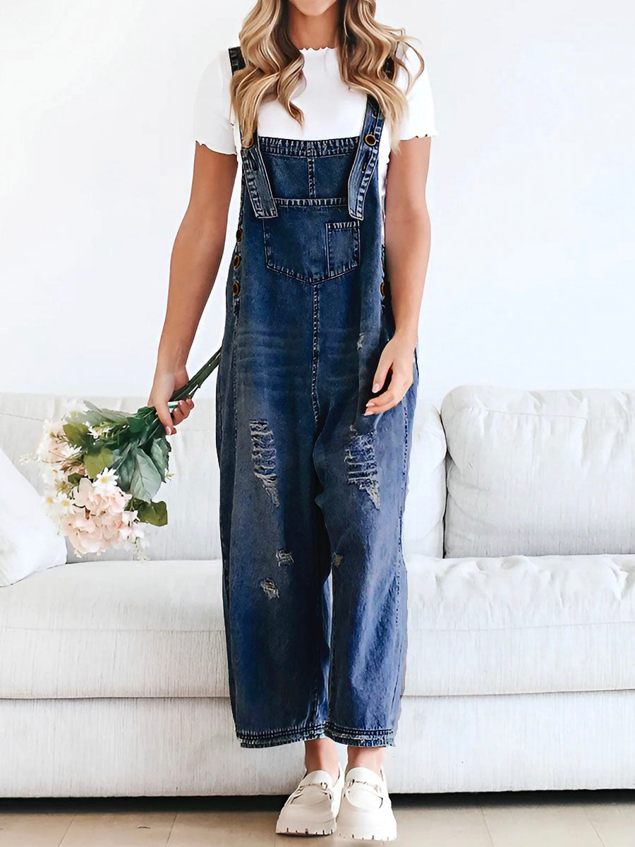 Jeans jumpsuit met losse pasvorm en used look - Jenna