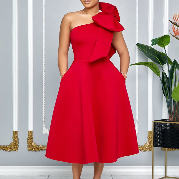 Dames midi-jurk met elegante strik over één schouder - Mireya