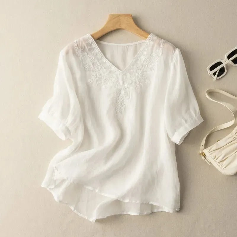 Geborduurde linnen blouse met V-hals bruin - Natalia