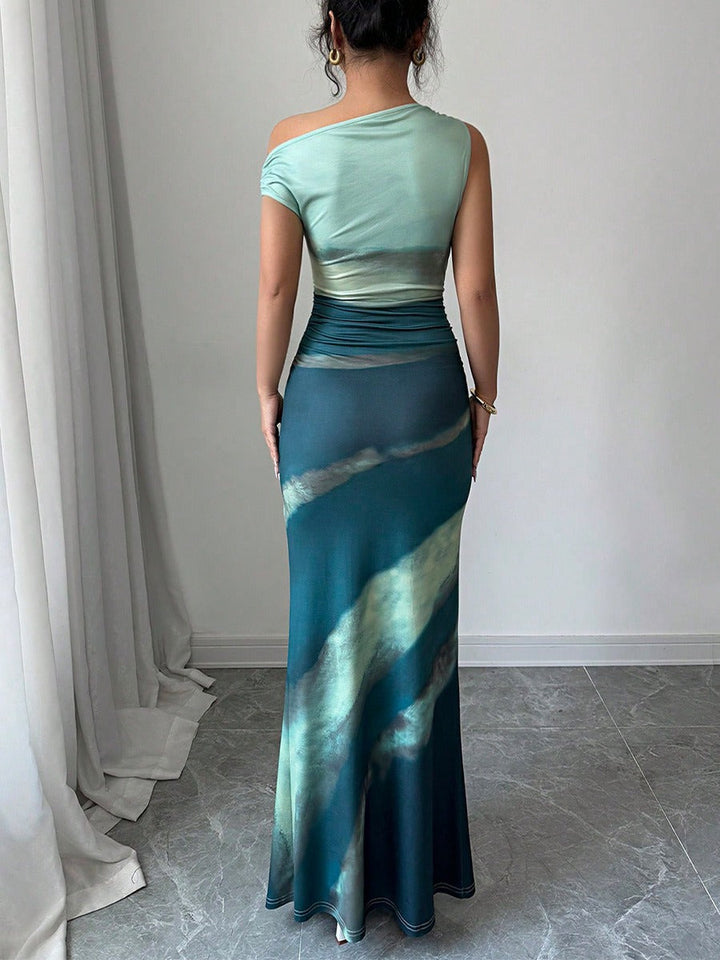 Dames lange jurk tie-dye effect asymmetrische schouder - Natalia