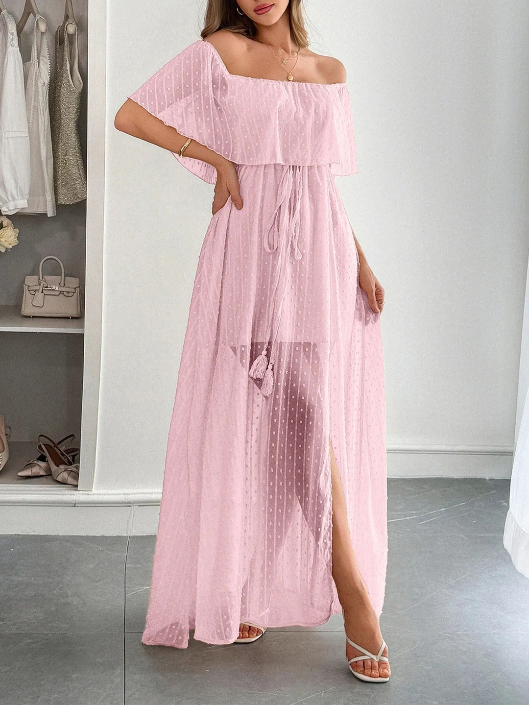 Dames lange jurk plumeti chiffon bardot hals - Julieta