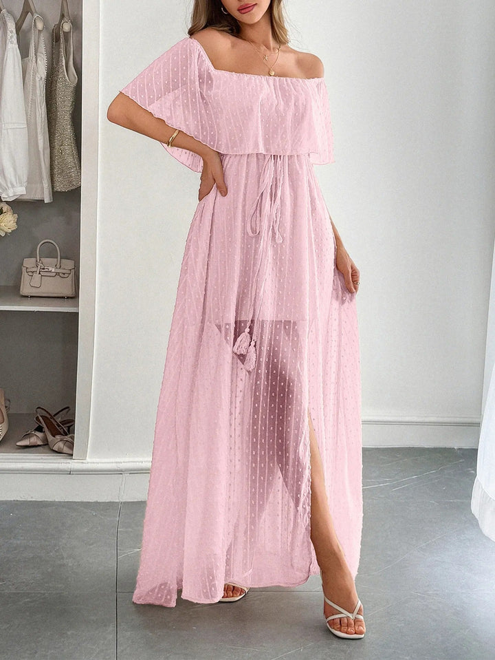 Dames lange jurk plumeti chiffon bardot hals - Julieta