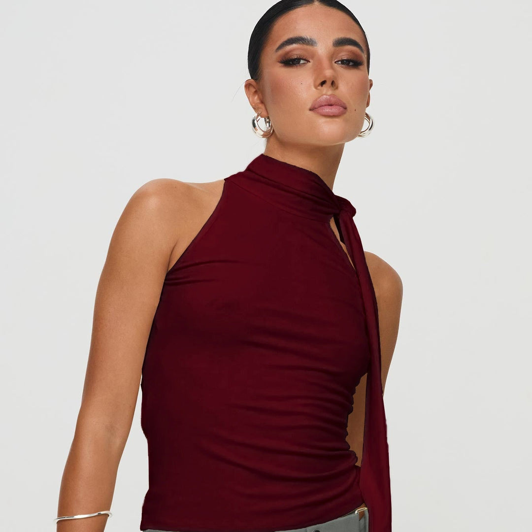 Damesmouwloze halternektop met asymmetrische strik - Natalia
