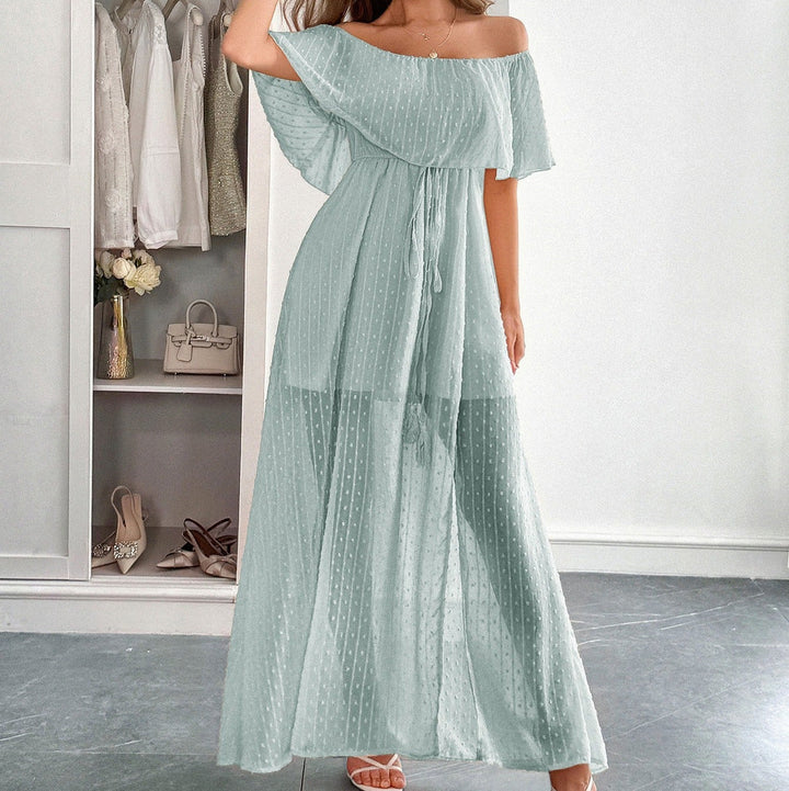 Lange jurk in plumeti chiffon met vloeiende boothals - Noelia