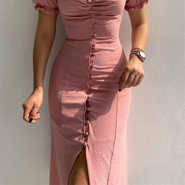 Dames midi-jurk met sierknopen in romantische stijl - Clara