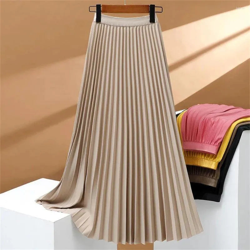 Stretch geplooide lange rok met hoge taille, elegant en comfortabel, perfect voor een verfijnde en vrouwelijke look