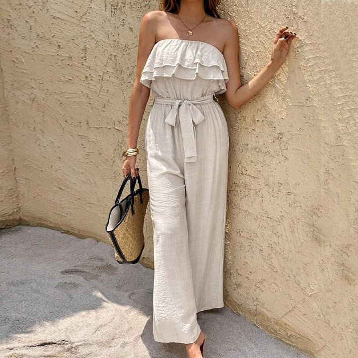 Lange jumpsuit voor dames met strapless hals en ruches - Noelia