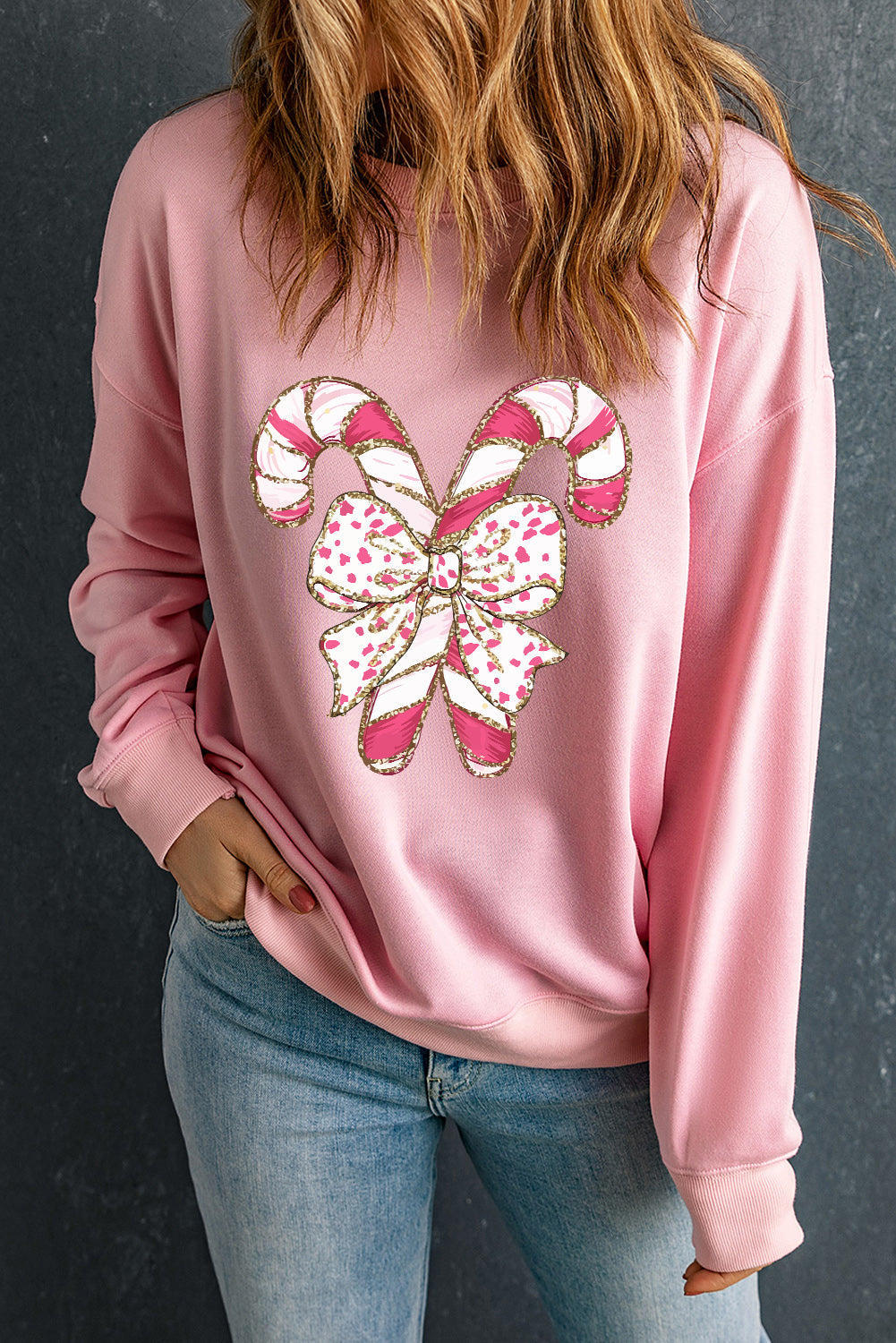 Claire - Dropped Shoulder Kerstmis Grafisch Sweatshirt met Roze Strik