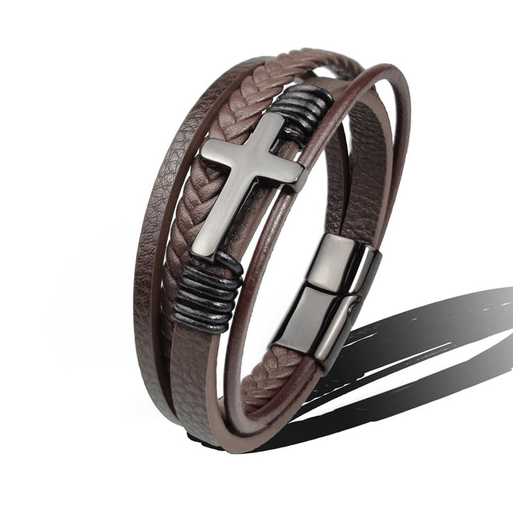 Herenarmband gevlochten leer met roestvrijstalen kruis - Sentinel