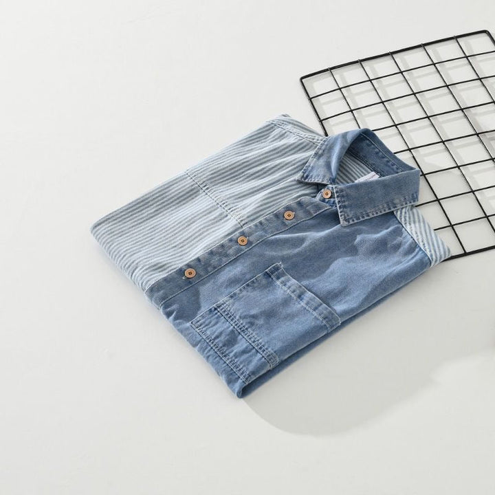 Herenoverhemd denim patchwork gestreept korte mouw - Elías