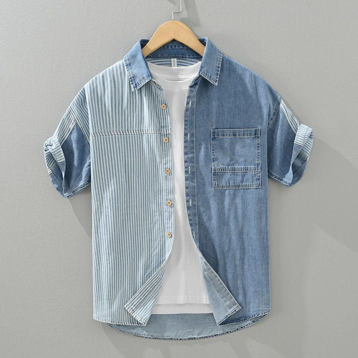 Herenoverhemd denim patchwork gestreept korte mouw - Elías