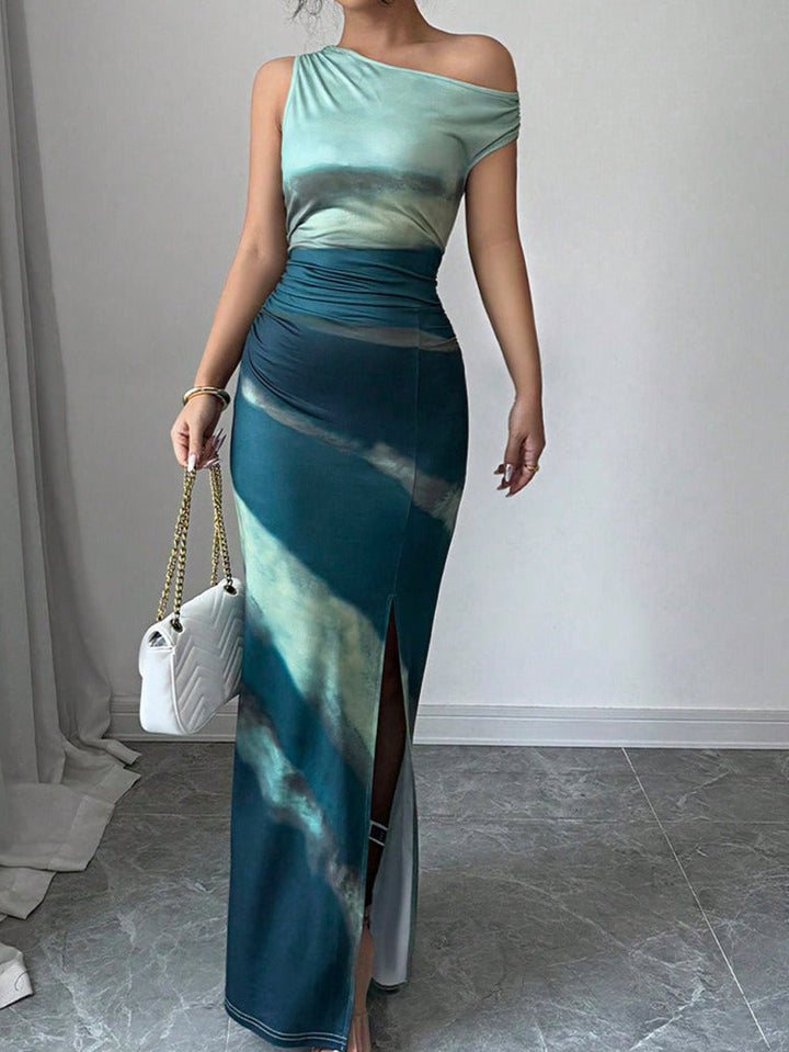 Dames lange jurk tie-dye effect asymmetrische schouder - Natalia