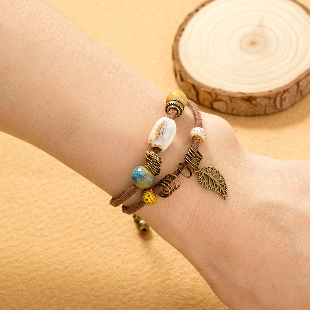 Bohemian damesarmband handgemaakt leer met keramische kralen - Lantana