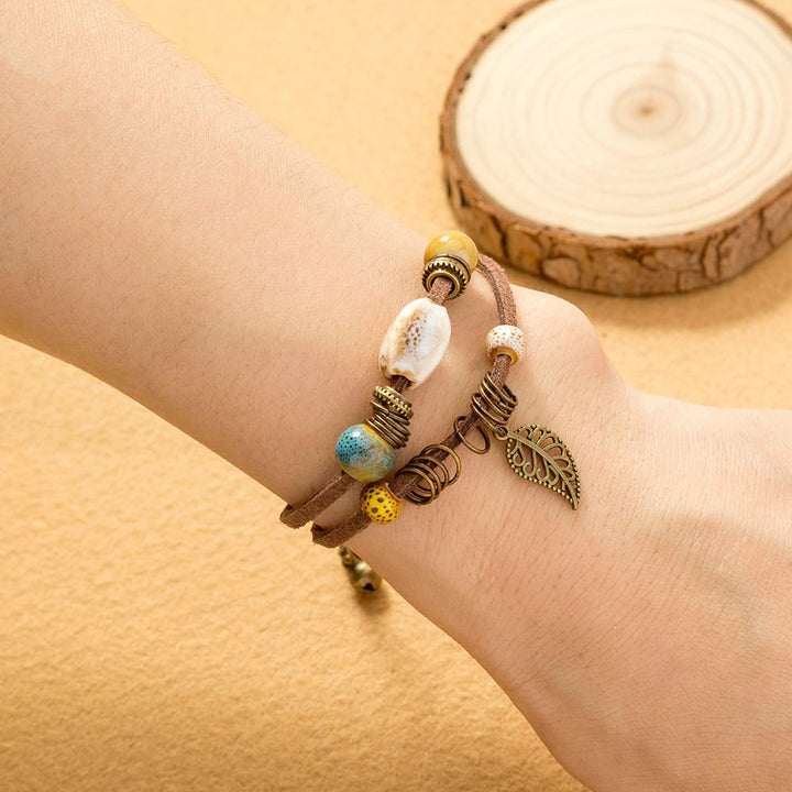 Bohemian damesarmband handgemaakt leer met keramische kralen - Lantana
