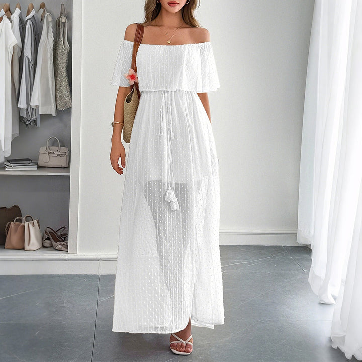 Dames lange jurk plumeti chiffon bardot hals - Julieta