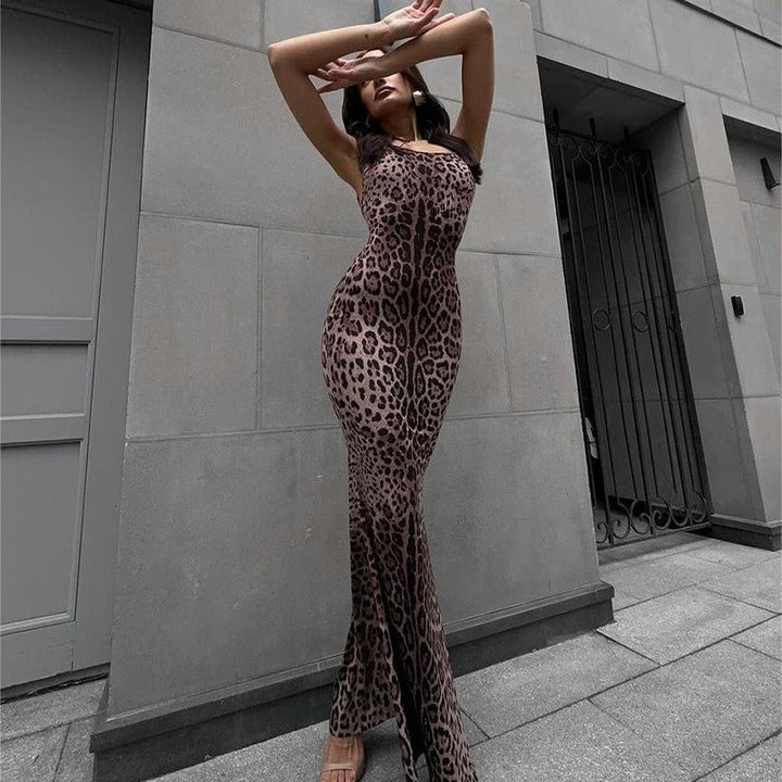 Lange damesjurk met dierenprint, getailleerd model - Fabiana