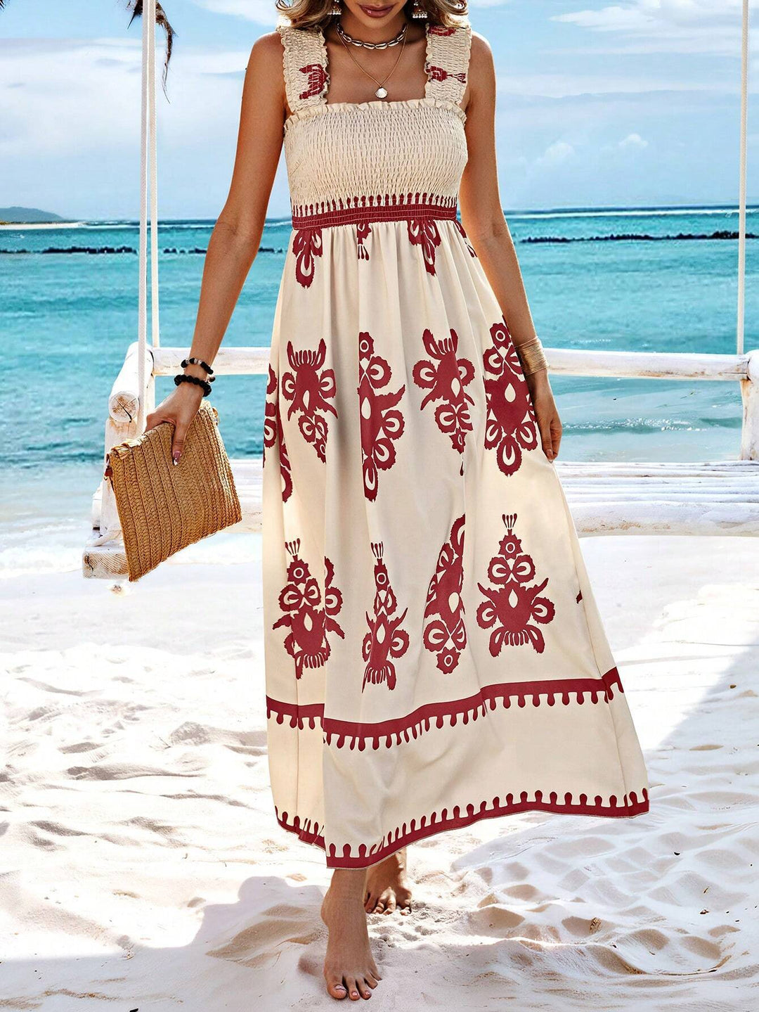 Lange damesjurk met bohemianprint, beige en zwarte strandbandjes - Zahara