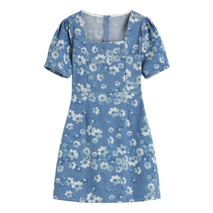 Andrea - Blauwe denimjurk met bloemen