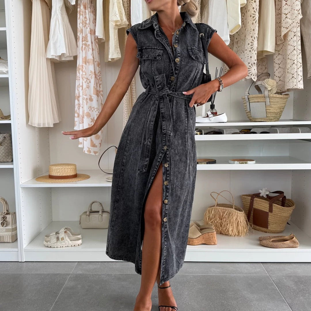 Dames midi-jurk denim zonder mouwen met knopen en riem - Estelle