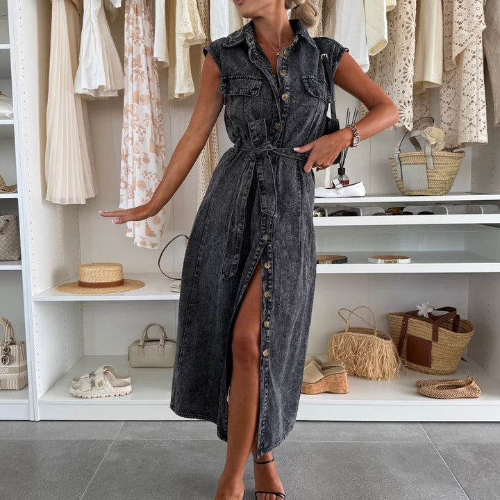 Dames midi-jurk denim zonder mouwen met knopen en riem - Estelle