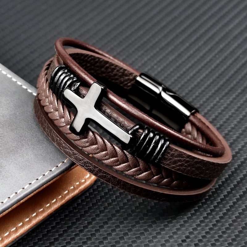 Herenarmband gevlochten leer met roestvrijstalen kruis - Sentinel