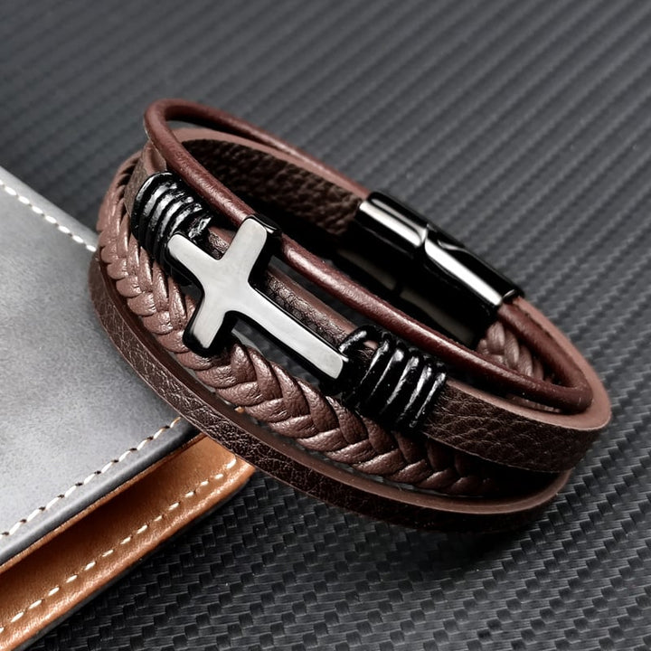Herenarmband gevlochten leer met roestvrijstalen kruis - Sentinel