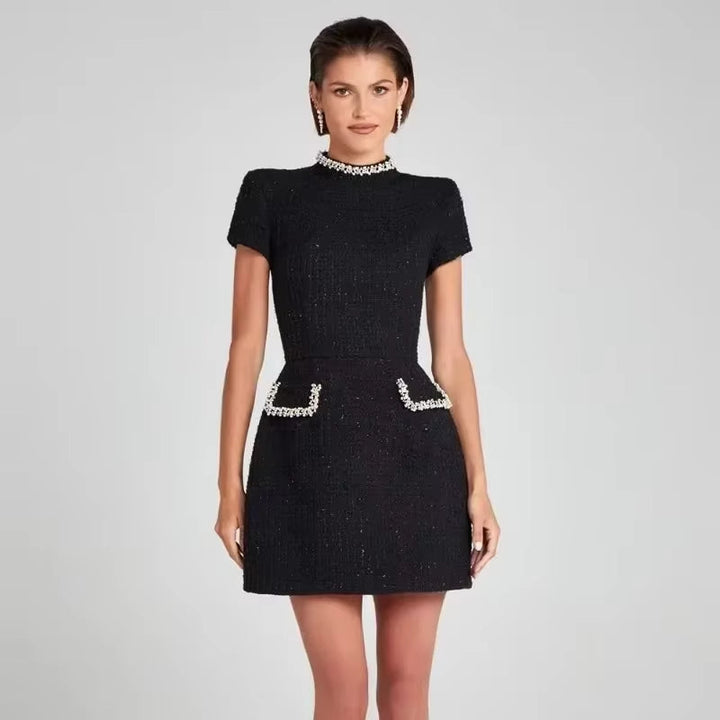Elegante korte tweed jurk met retro witte parels - Clarisse