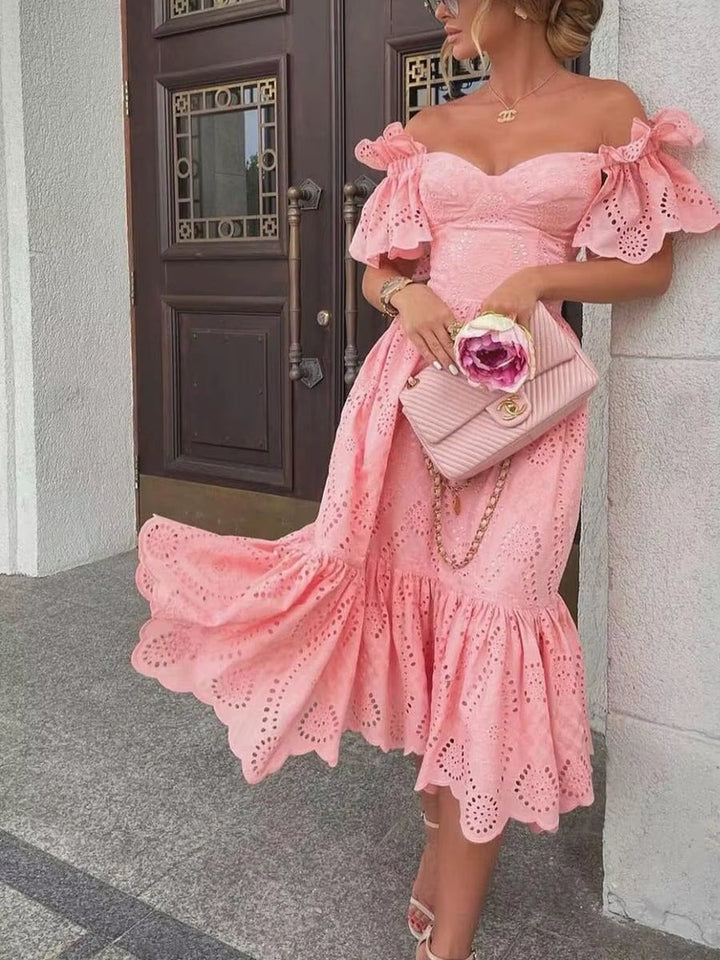 Off-the-shoulder midi-jurk met romantisch roze kant - Eloïse