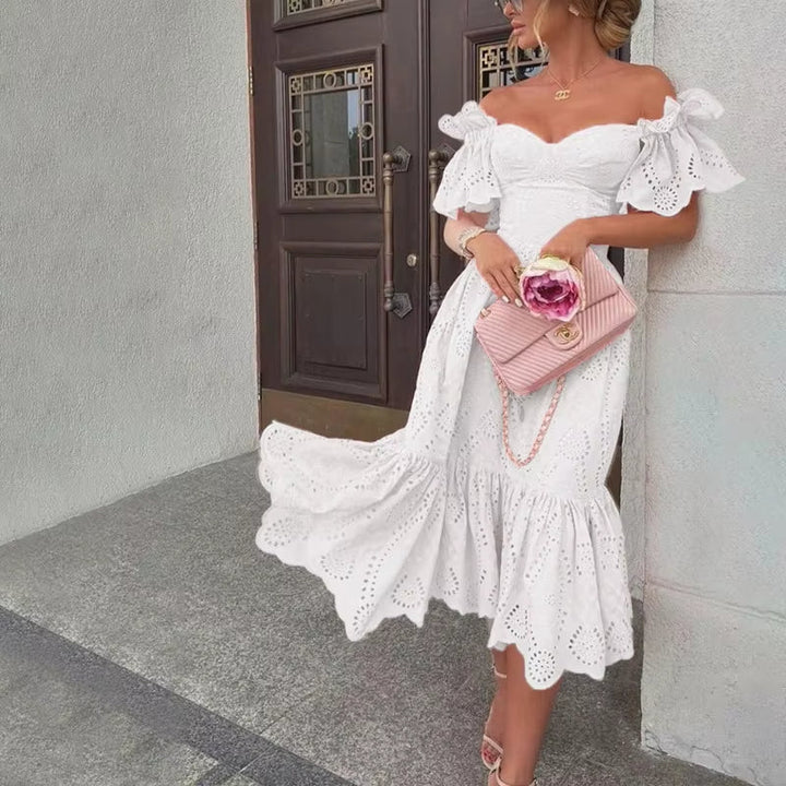 Off-the-shoulder midi-jurk met romantisch roze kant - Eloïse
