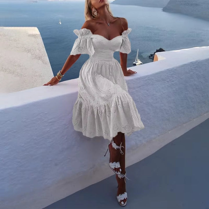 Off-the-shoulder midi-jurk met romantisch roze kant - Eloïse