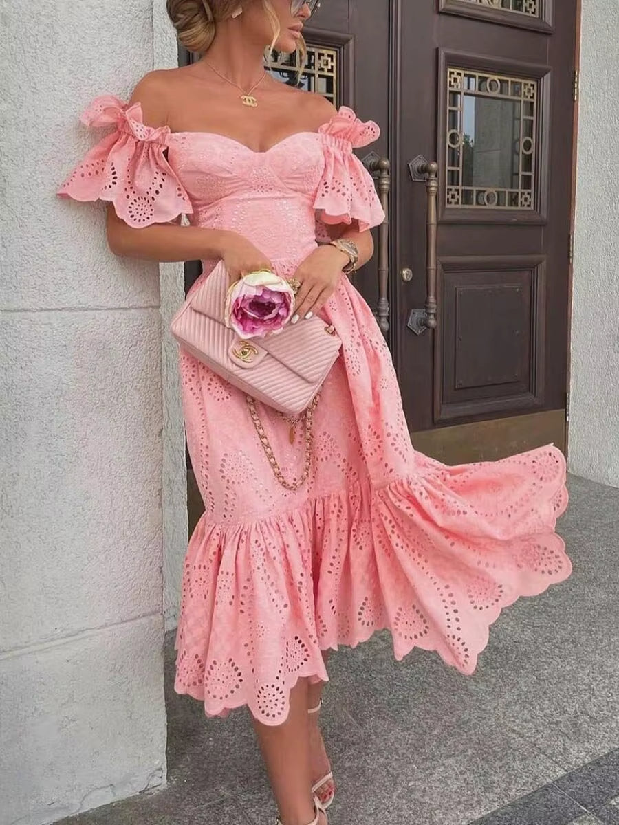 Off-the-shoulder midi-jurk met romantisch roze kant - Eloïse