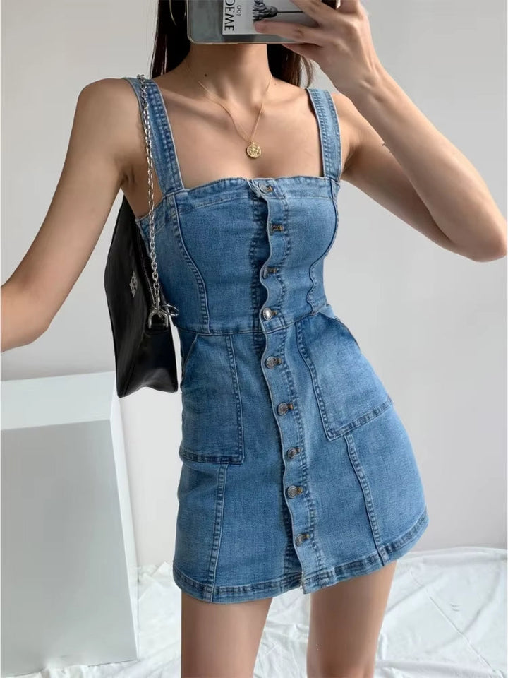 Kort denim damesjurkje met casual bandjes - Lía