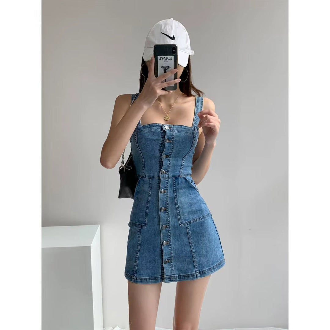 Kort denim damesjurkje met casual bandjes - Lía