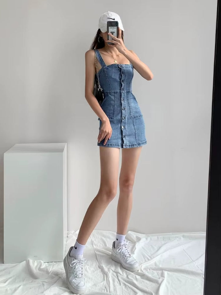 Kort denim damesjurkje met casual bandjes - Lía