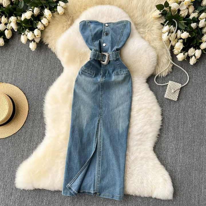 Dames denim strapless jurk met western riem - Dakota