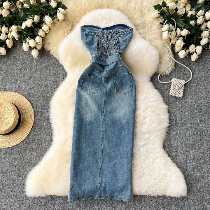 Dames denim strapless jurk met western riem - Dakota