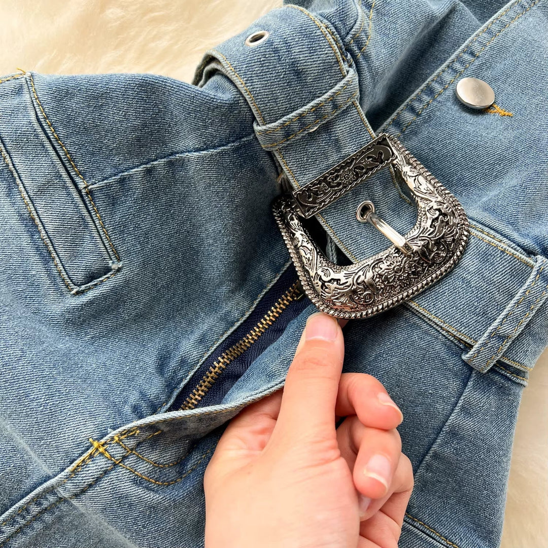 Dames denim strapless jurk met western riem - Dakota