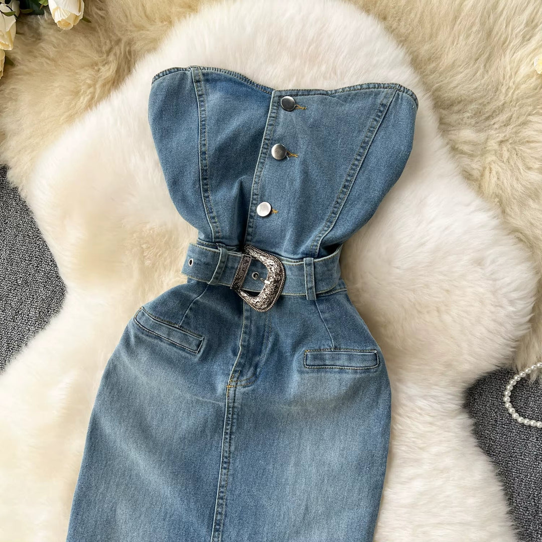 Dames denim strapless jurk met western riem - Dakota
