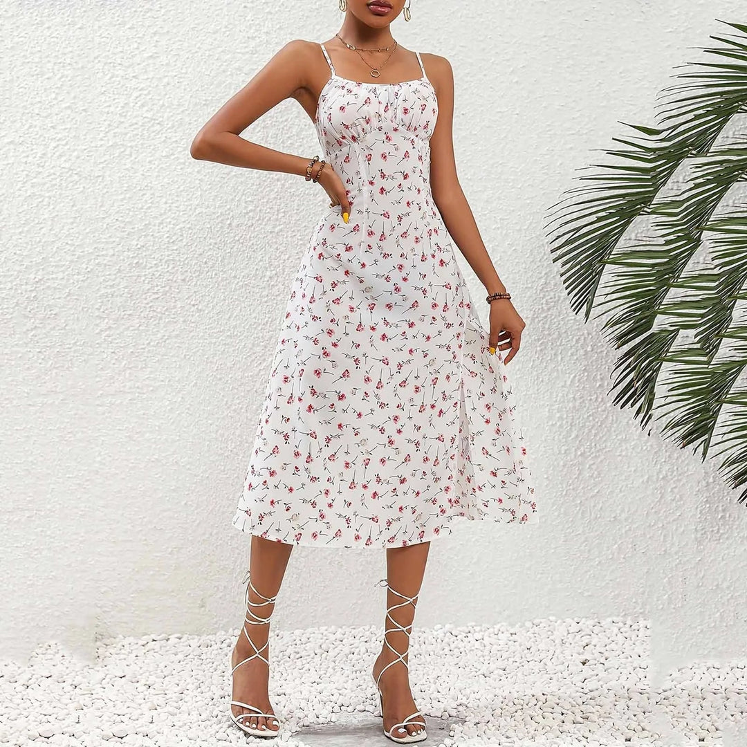 Dames midi-jurk met rode stippenbandjes en split - Fiorella