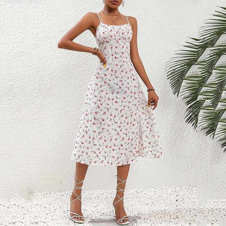 Dames midi-jurk met rode stippenbandjes en split - Fiorella
