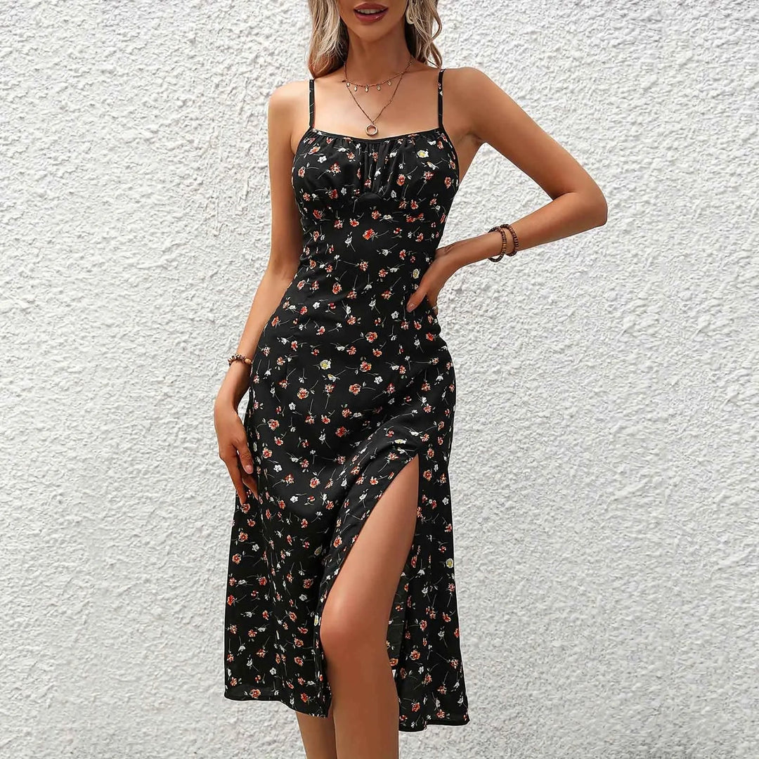 Dames midi-jurk met rode stippenbandjes en split - Fiorella