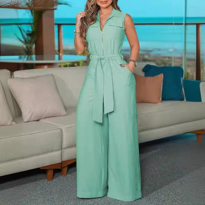 Mouwloze damesjumpsuit in mintgroen met ceintuur - Valeria